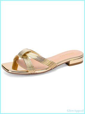 Faux Leather Flat Slide Sandals Knot Strappy Square Open Toe Summer Dressy